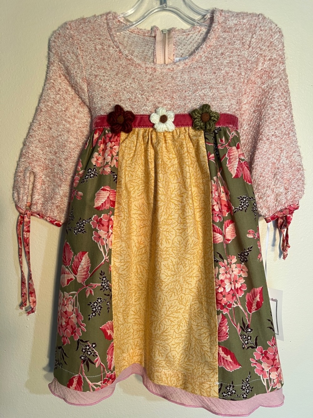Vintage Boho Kids Sorbet Pink, Green & Yellow Floral Patchwork Dress 24M
